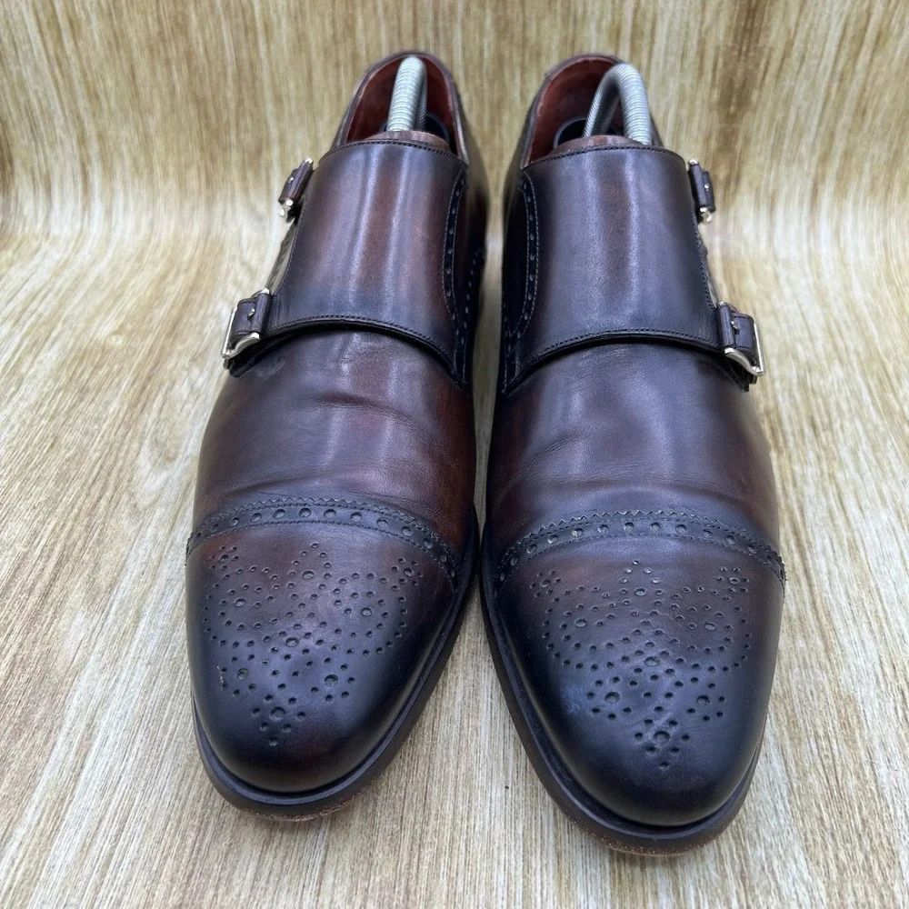 Magnanni Double Monk Strap Men's Size 9 Dark Brown Brogue Cap Toe Leather Spain